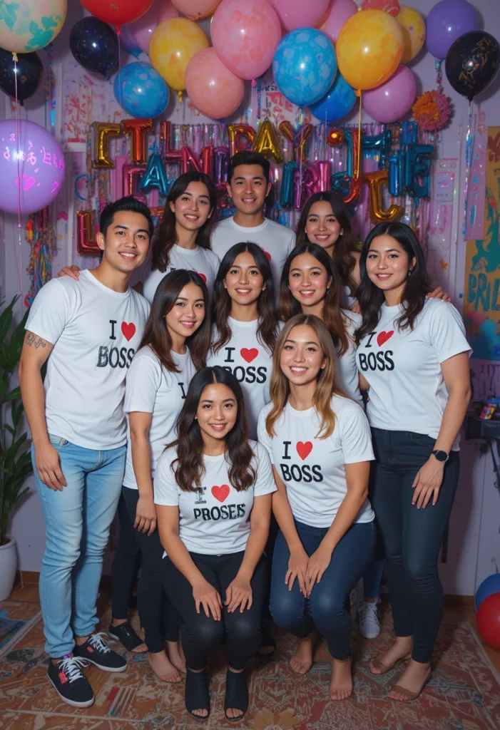 White Lie Ideas Funny Party Shirt Trends 7 White lie party group photo with themed shirts featuring funny lies and playful party decorations.