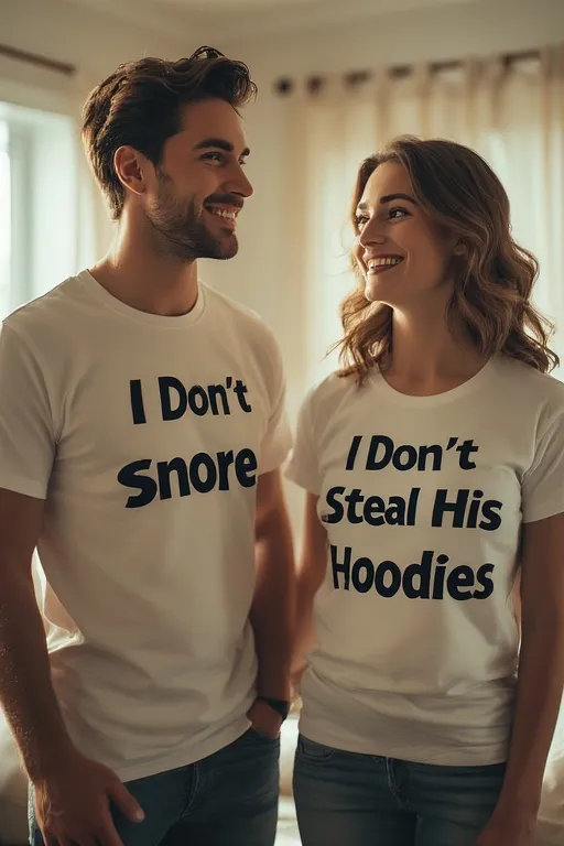 White Lie Ideas Funny Party Shirt Trend 7 Couple wearing coordinated white lie shirts with playful quotes, posing together for a fun couple photo.