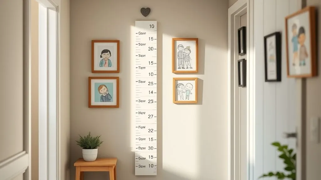 Kids’ room memory wall with growth chart and framed artwork.