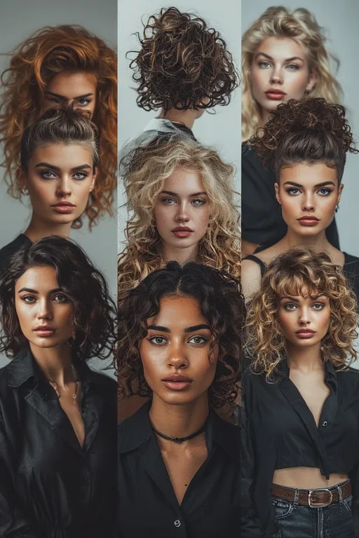 Women showing confidence through bold hairstyles including pixie cuts, curls, and lobs.