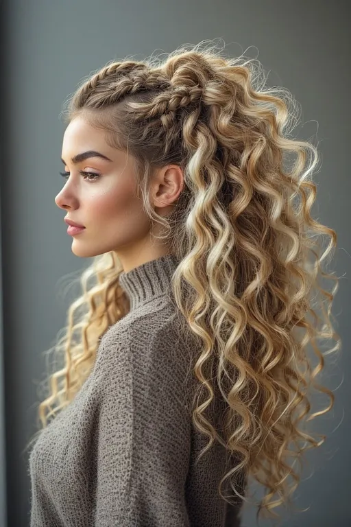 Beautiful braided curly hairstyles 4 Woman with half-braided, half-curly hairstyle showing texture and volume.