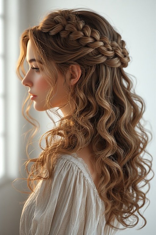 Braided & Curly Hairstyles 4 Woman with half-up braided curly hairstyle, featuring structured braids and flowing curls.