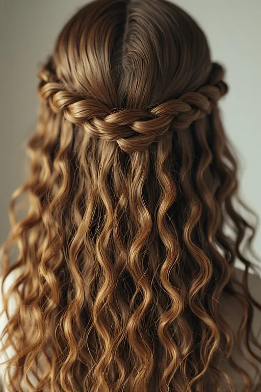 Braided & Curly Hairstyles 4 Woman wearing a half-up braided hairstyle with loose curls cascading down her shoulders.