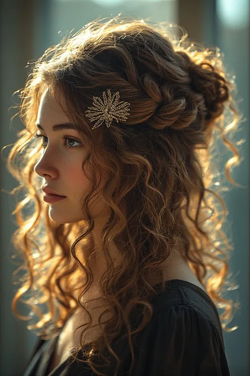 Trendy curly hairstyles for every occasion 7 Woman with half-up, half-down curly hairstyle featuring soft, bouncy curls.