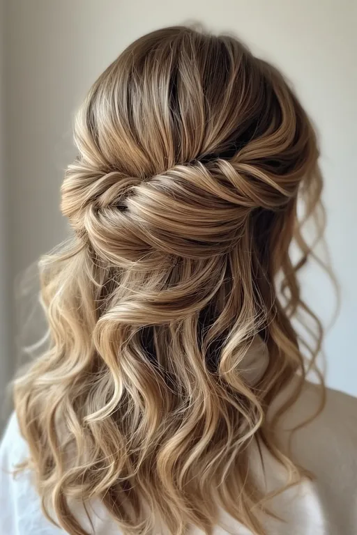Elegant half-up, half-down hairstyle with soft curls and stylish accessories.
