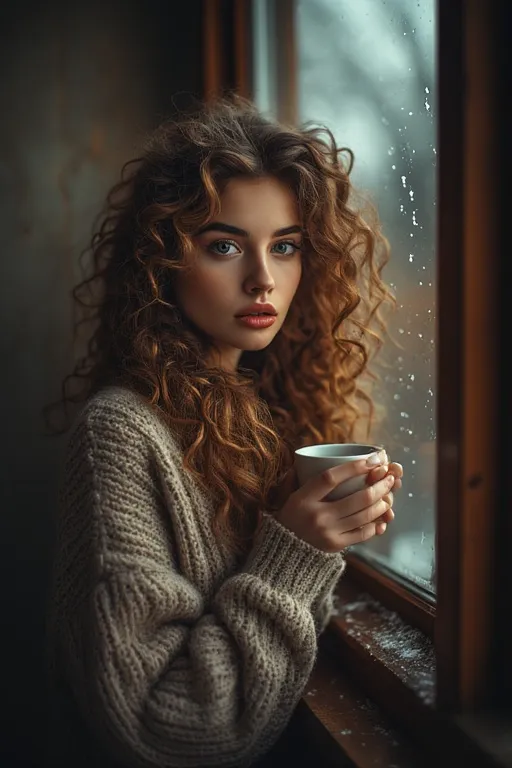 Winter Hairstyle Looks For Cozy And Chic Style 2025 8 Woman with romantic half-up, half-down hairstyle sipping coffee indoors on a cozy winter day.