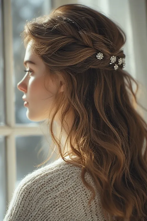 Minter style looks hairstyles trendy ideas 9 Woman with half-up wavy hairstyle and sparkly clips, styled for a cozy winter day.