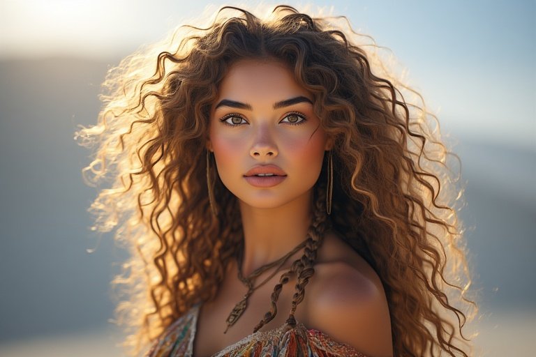 Half-up braided curly hairstyle with soft curls and boho vibes.