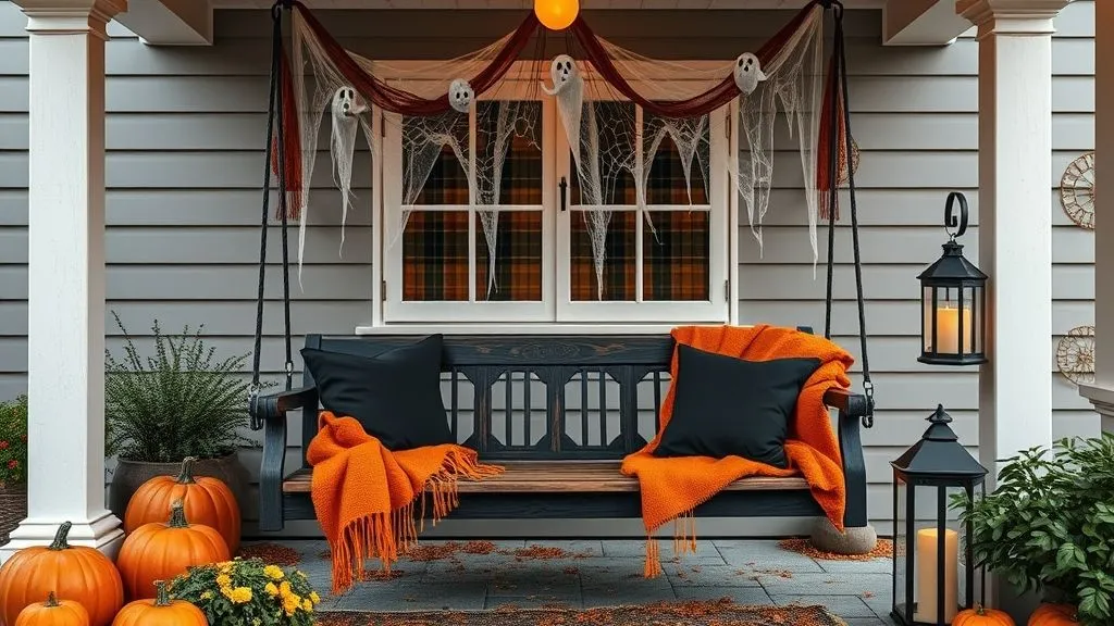 Spooky Halloween Outdoor Decorations 13 Porch swing decorated for Halloween with cobwebs, pumpkins, and soft glowing lanterns.
