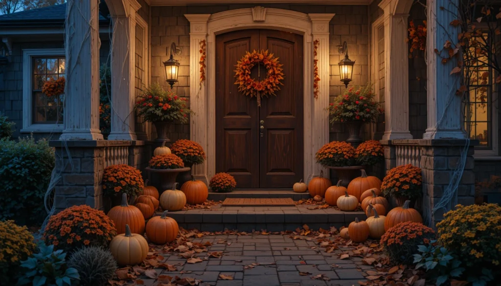 Halloween porch decorated with pumpkins, lanterns, cobwebs, and spooky outdoor accents.