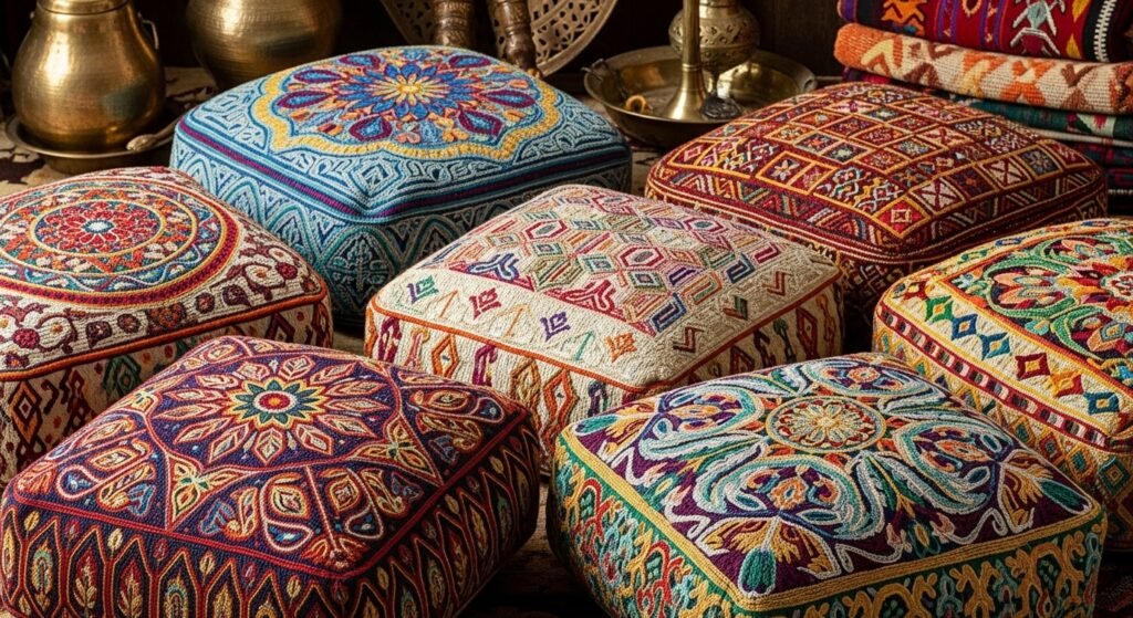16 Stylish Ideas for Decorating with Comfy Floor Cushions 14 Handmade embroidered floor cushions with colorful bohemian designs.