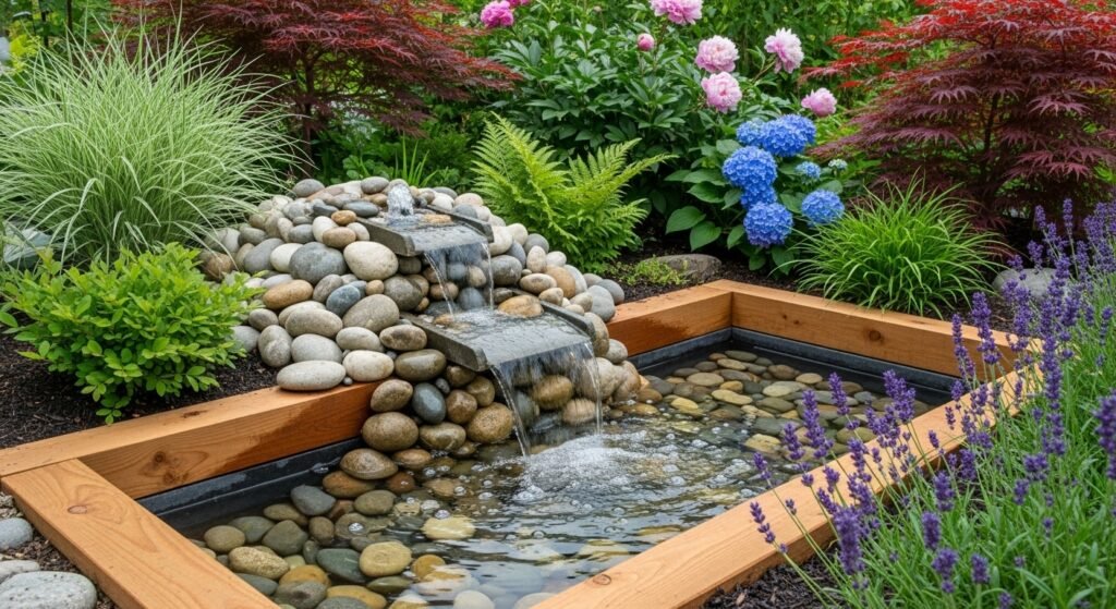 16 Creative DIY Ideas for a Modern Home Garden 9 DIY stone garden fountain surrounded by greenery and flowers.