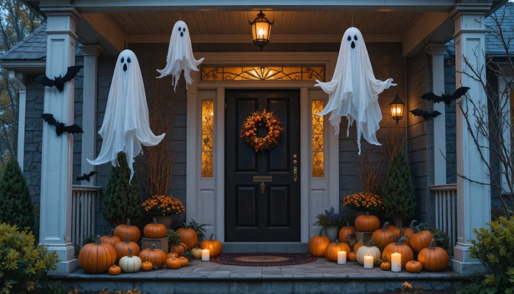 Halloween Porch & Outdoor Decorations 5 Porch decorated with floating ghosts, hanging bats, and Halloween lights.