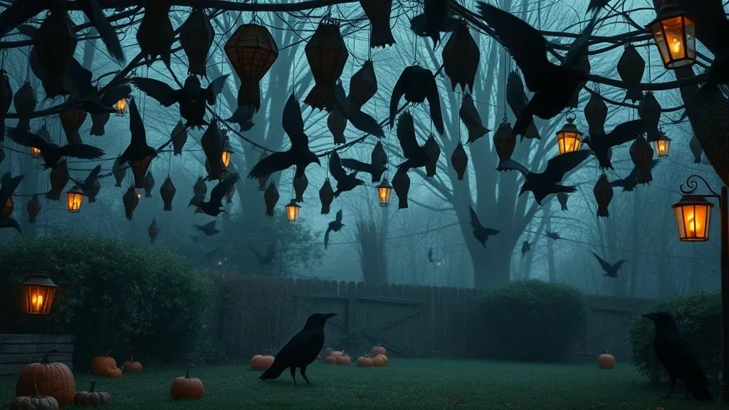 Spooky & Stylish Halloween Outdoor Decorations 17 Outdoor Halloween setup with hanging bats and perched black ravens.