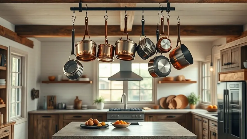 Kitchen and Pantry Organization 17 Full-view kitchen with hanging pot rack displaying copper and steel cookware.