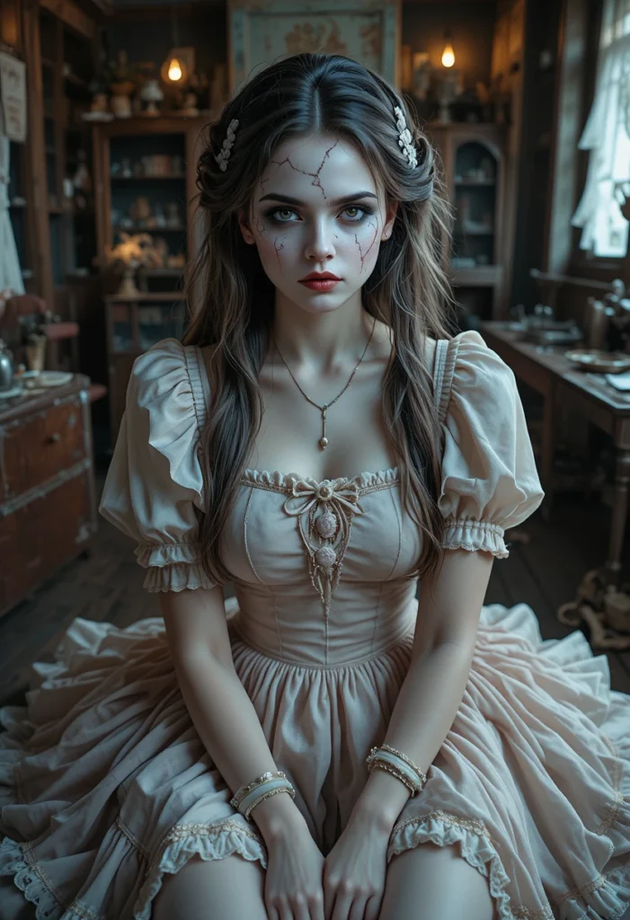 10+Spooky Halloween Outfit Ideas 7 A haunted doll-inspired woman with cracked makeup and a frilly pastel dress in a vintage toy room.