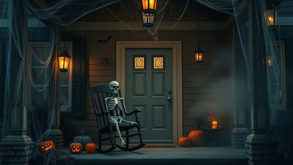 Spooky & Stylish Halloween Outdoor Decorations 3 Haunted Halloween porch with skeleton on rocking chair, cobwebs, lanterns, and eerie fog.