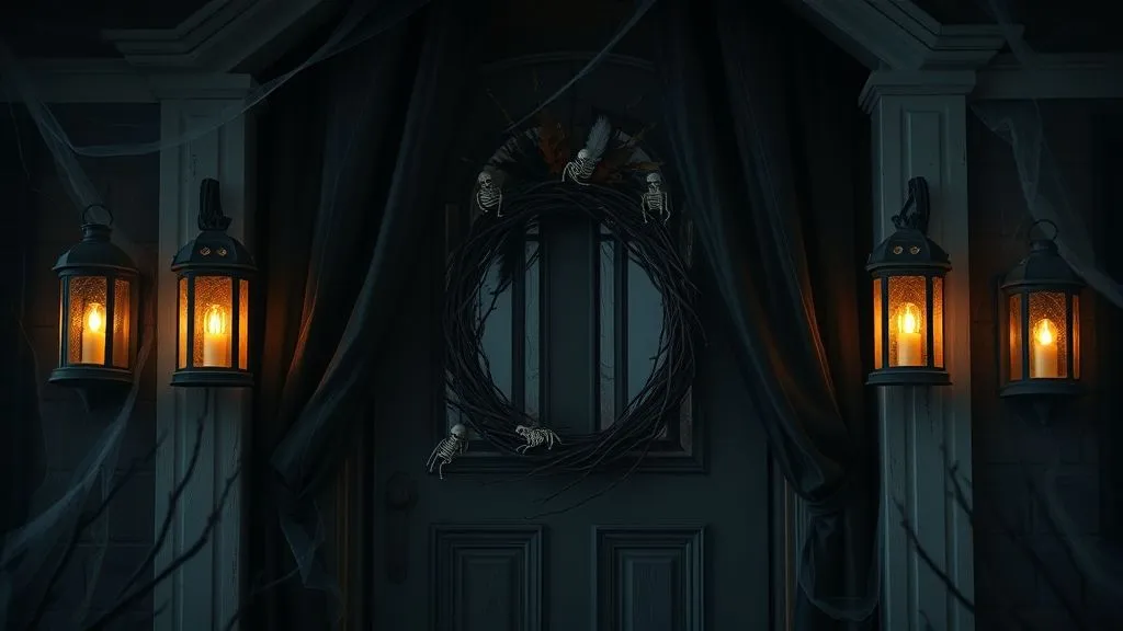 Spooky Halloween Outdoor Decorations 3 Haunted front door decorated with cobwebs, black drapes, and lanterns glowing softly at night.