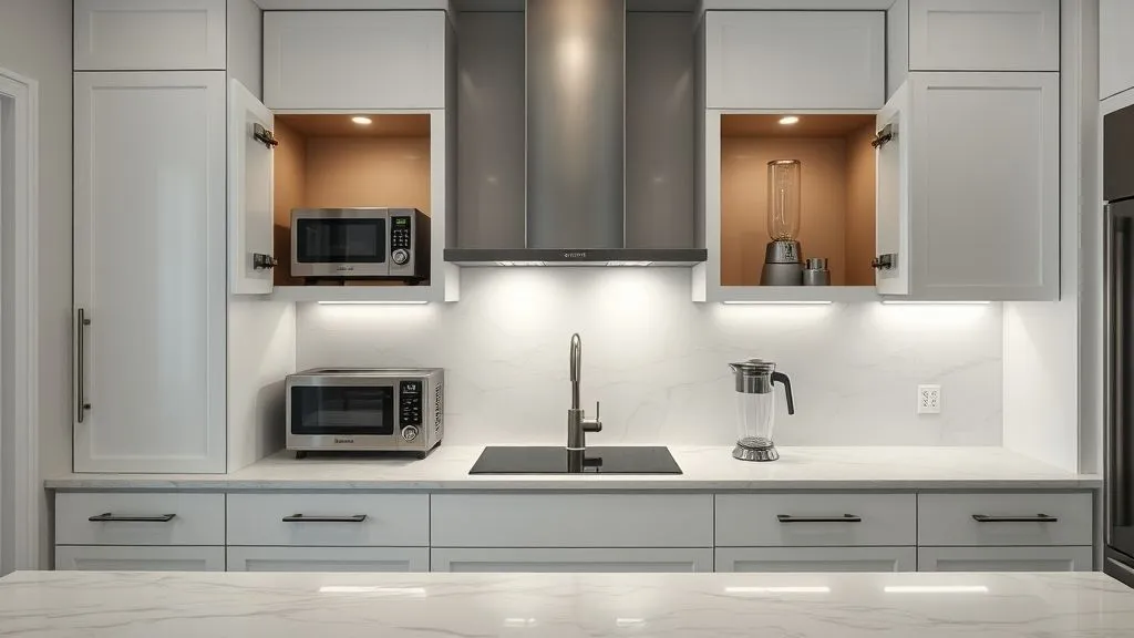 Kitchen and Pantry Organization 14 Full-view modern kitchen with hidden appliance cabinet keeping countertop clutter-free.
