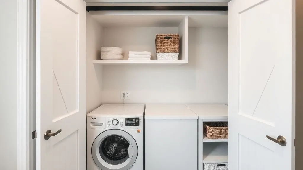 Hidden laundry setup behind white sliding barn doors.