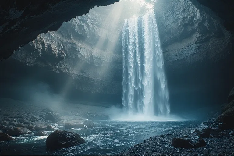 Beautiful Nature Ideas with Waterfalls 10 Waterfall with hidden cave behind flowing water and misty light beams.