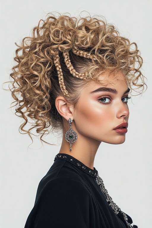 High curly ponytail with braided accents for a bold, modern hairstyle.