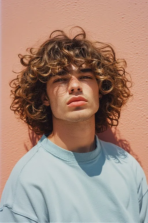 Man with caramel highlights on curly hair, enhancing texture and creating a sunlit, stylish effect.