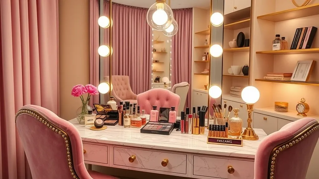 Vanity Decor Ideas for a Stylish Home 3 16:9 Hollywood glam vanity full view with bulb mirror, velvet chair, and luxury makeup setup.