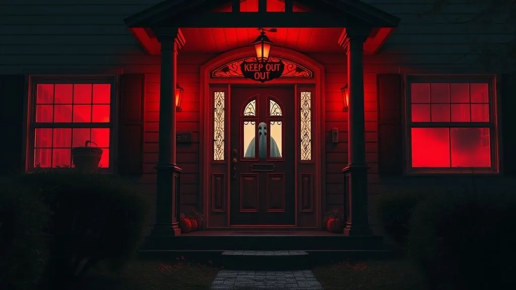 Spooky Halloween Outdoor Decorations 14 Horror-themed Halloween doorway with red lighting and spooky decorations.