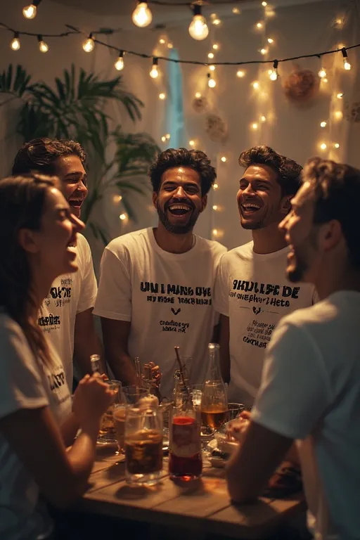 White Lie Ideas Funny Party Shirt Trend 10 Group of friends at a white lie party wearing funny quote shirts and taking photos in front of a festive backdrop.