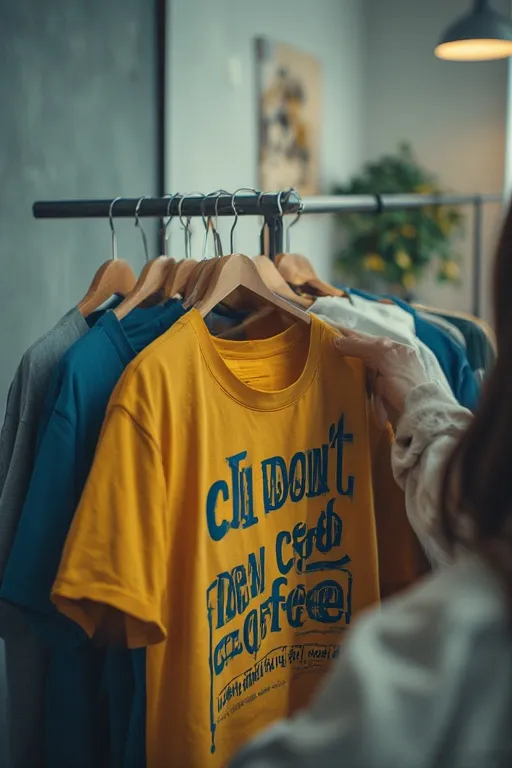 White Lie Ideas Funny Party Shirt Trend 4 Person holding up T-shirts with witty white lie quotes like “I Don’t Need Coffee,” choosing their favorite design.