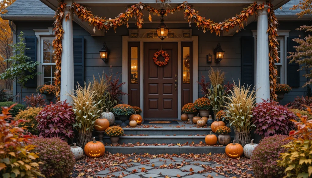 Halloween Porch & Outdoor Decorations 10 Halloween porch surrounded by fall foliage, leaves, and seasonal garlands.
