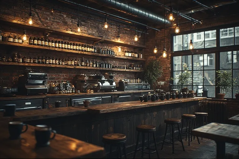 Cozy Coffee Bar Ideas for Every Home 6 Industrial coffee bar with metal shelves, Edison bulbs, and dark rustic design.
