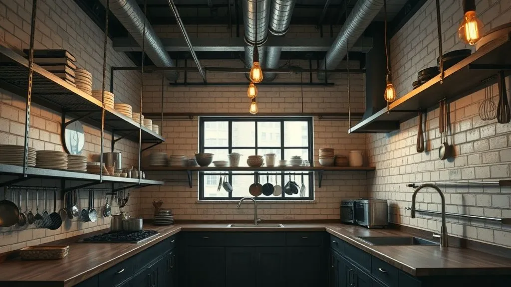 Kitchen Organization Ideas for a Clean and Functional Space 15 Industrial kitchen with exposed metal racks and hanging utensils.