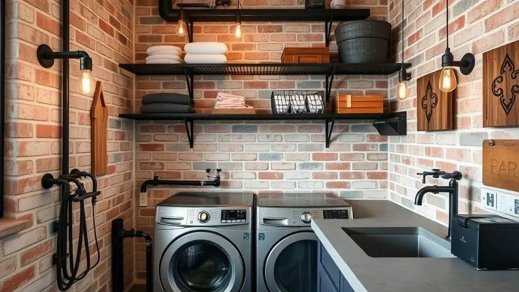 Industrial laundry room with brick wall and metal shelving.