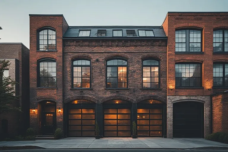 Chic Townhouse Exterior Designs 6 Full 16:9 view of industrial-style townhouse with exposed brick, steel, and modern lighting.