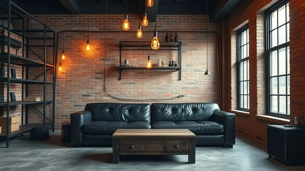 Black Couch Living Room Decor Ideas for a Stylish and Modern Home 3 Industrial loft living room with black leather couch, exposed brick walls, and warm ambient lighting.