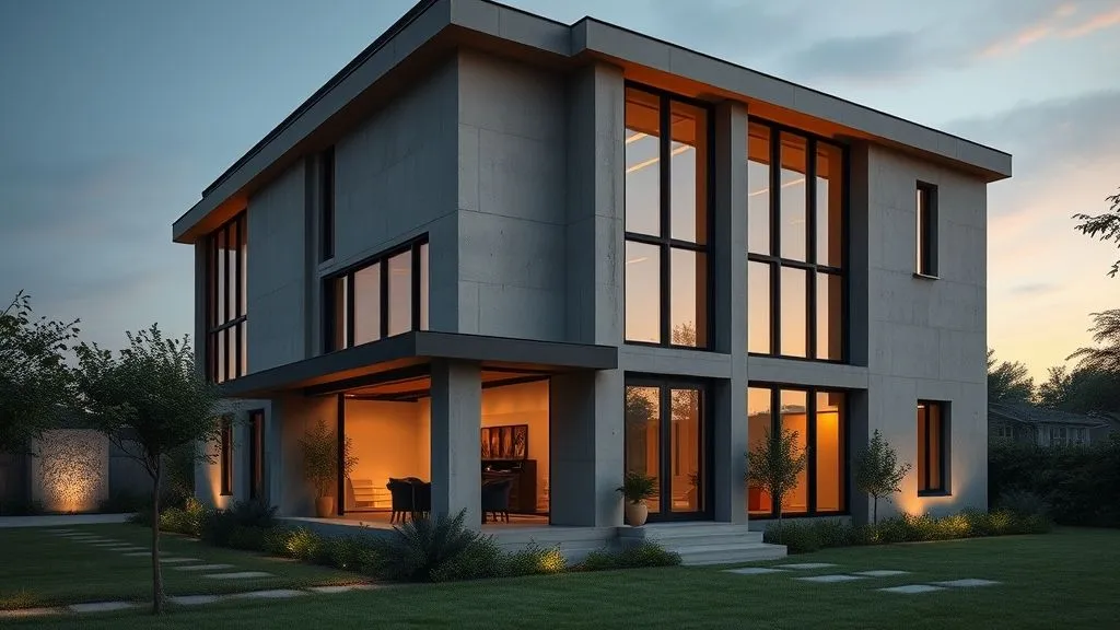 Stunning House Designs Exterior Ideas 9 Bold industrial-style modern house with exposed concrete, steel beams, and large black-framed windows illuminated by garden lights.