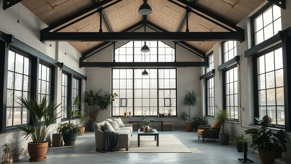 Bright & Cozy Sunroom Ideas 18 Industrial-style sunroom with metal frames, beams, and concrete floor.