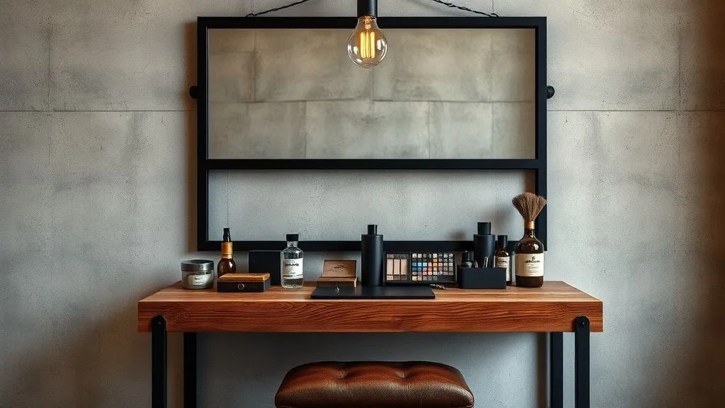 Vanity Decor Ideas for a Stylish Home 11 16:9 industrial vanity with metal frame, reclaimed wood, Edison lights, and full makeup setup.