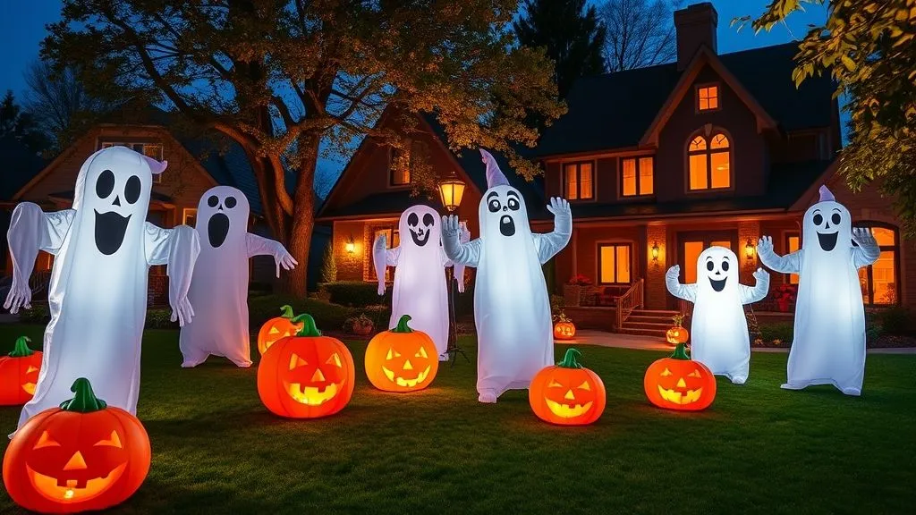 Spooky & Stylish Halloween Outdoor Decorations 18 Front yard decorated with Halloween inflatables including ghosts and pumpkins.