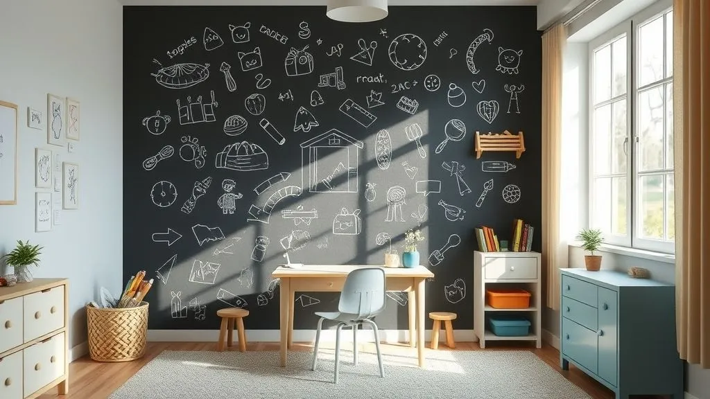 Kids’ playroom with chalkboard wall and creative drawings.