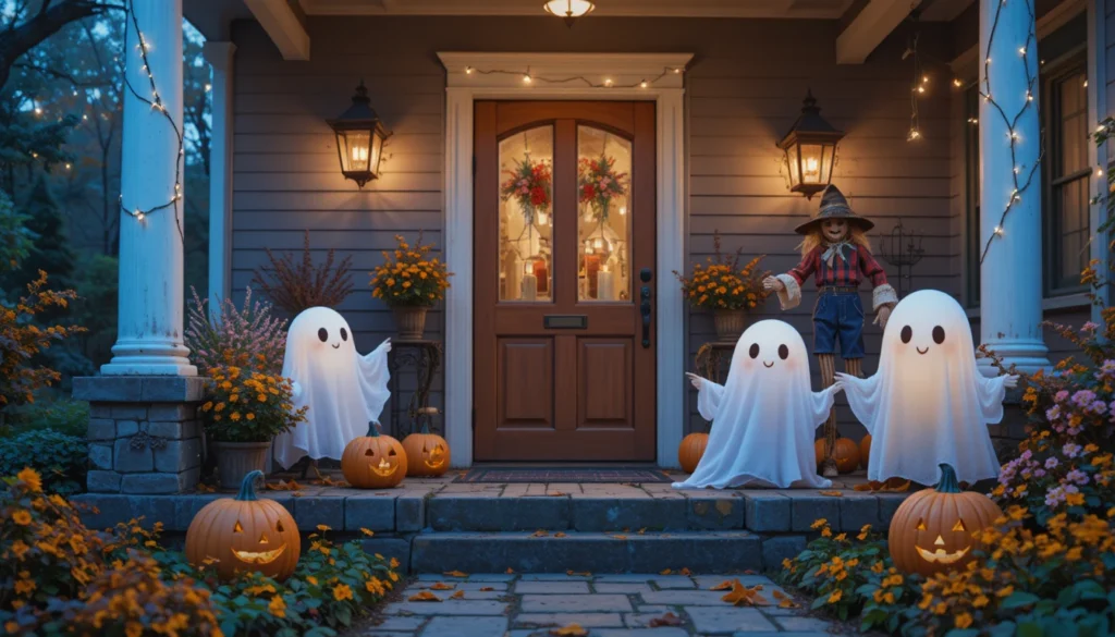Halloween Porch & Outdoor Decorations 11 Family-friendly Halloween porch with cute ghosts, pumpkins, and cheerful lights.