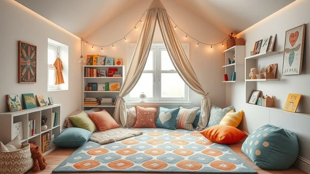 Beautiful and Cozy Reading Nook Ideas 13 Kids’ reading nook with canopy, twinkle lights, and soft cushions.