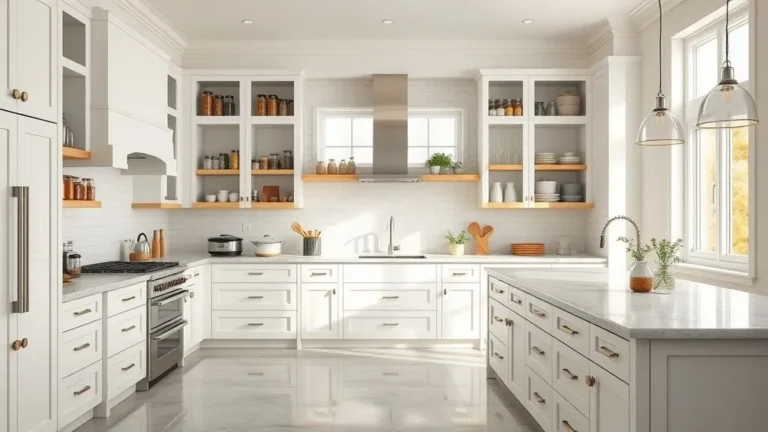 Modern organized kitchen in 16:9 view featuring white cabinetry, labeled jars, and open shelving for a clean and functional space.