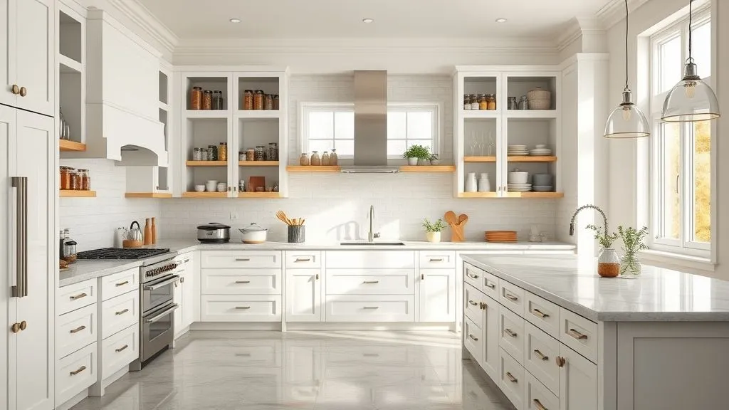 Modern organized kitchen in 16:9 view featuring white cabinetry, labeled jars, and open shelving for a clean and functional space.