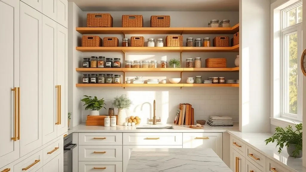 Full-view of a beautifully organized modern kitchen and pantry with labeled jars, baskets, and marble countertops in warm natural light.
