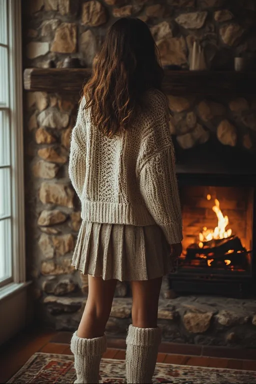 10+Winter Fashion Inspo Outfits Ideas 4 Chunky knit sweater outfit with pleated skirt in a cozy indoor winter setting by the fireplace — soft, stylish, and warm.