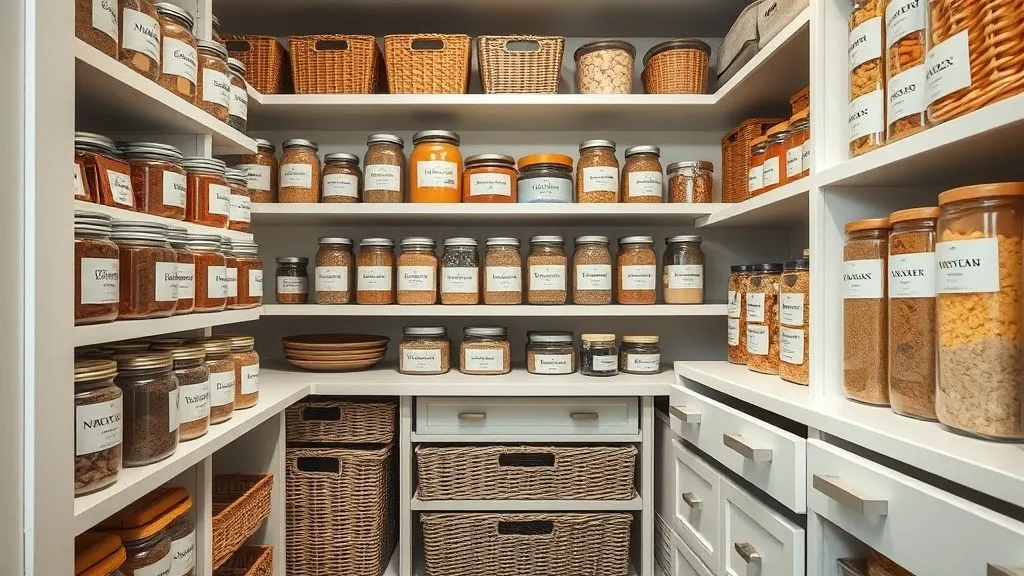 Kitchen and Pantry Organization 20 Full-view pantry with consistently labeled containers and baskets.