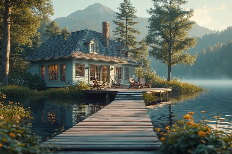Charming Cottage Ideas for Timeless Comfort 6 Lakeside cottage with dock, chairs, and pastel tones beside still blue water and mountain reflection.